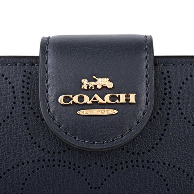 新品 コーチ COACH 2つ折り財布 レザー パーフォレーテッド ミディアム コーナー ジップ ウォレット 紺 ネイビー