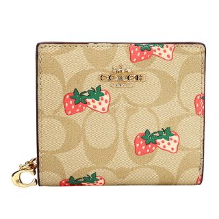 コーチ(COACH)の新品 コーチ COACH 2つ折り財布 ストロベリープリント スナップウォレット ベージュ ピンク(財布)