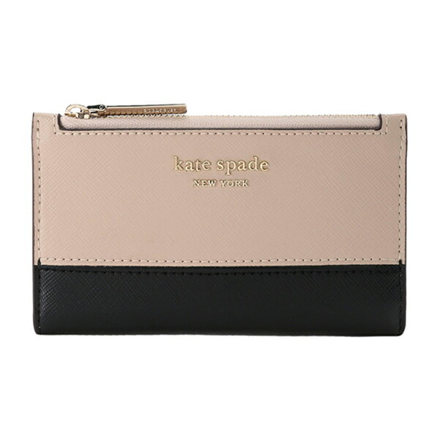 新品 ケイトスペード kate spade 2つ折り財布 スリム バイフォールド ウォレット ウォームベージュ/ブラック牛床革スナップボタン式開閉内側