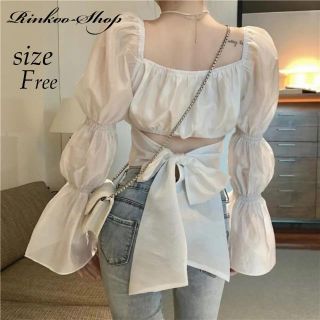 新品♡ レディース ブラウス ショート丈 バックリボン ホワイト(シャツ/ブラウス(長袖/七分))