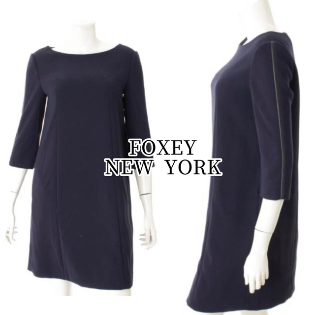 FOXEY NEWYORK ワンピース サイドレザーデザイン 大人綺麗 ネイビー44cm袖丈