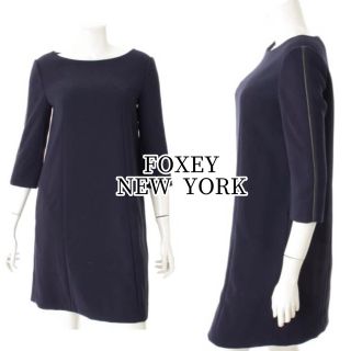 フォクシーニューヨーク(FOXEY NEW YORK)のFOXEY NEWYORK ワンピース サイドレザーデザイン 大人綺麗 ネイビー(ひざ丈ワンピース)