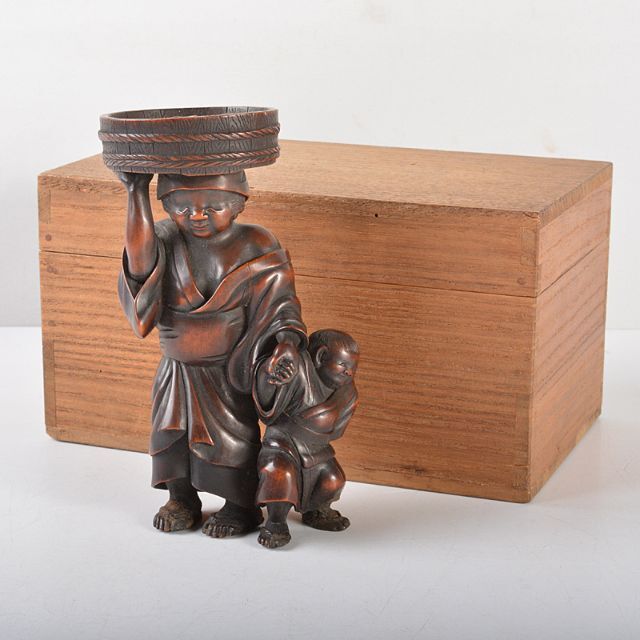 中国　唐木紫壇彫刻　母子像　置物　在銘　V　R5162