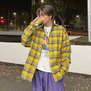 22AW BALENCIAGA リバーシブル フランネルチェックシャツ 紺黄 S