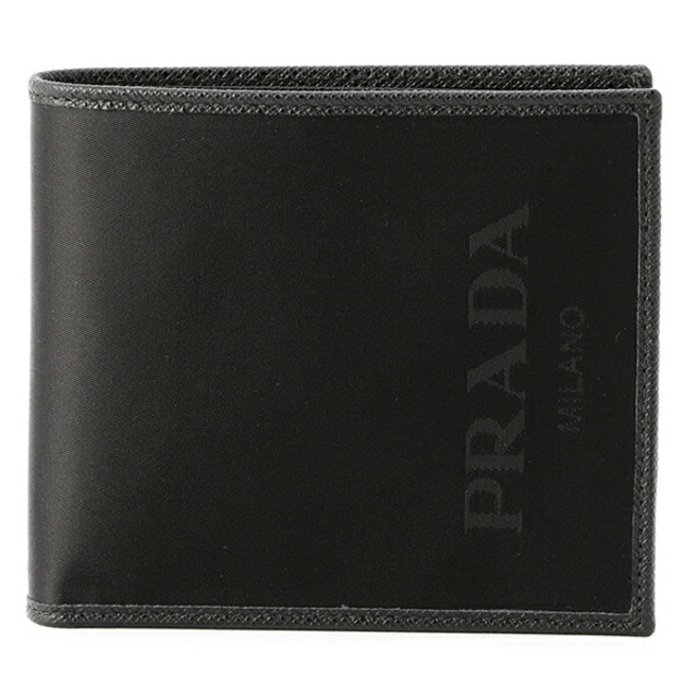 新品 プラダ PRADA 2つ折り財布 ナイロン ロゴ ジャカード ネロ