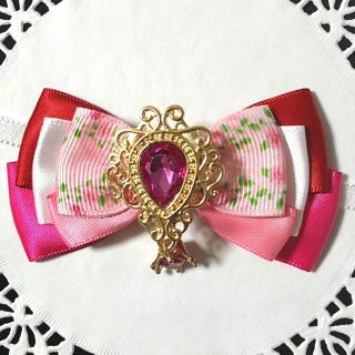 ぬいぐるみ用　リボン【雫ビビットピンク飾りのピンク薔薇リボン】(ぬいぐるみ)