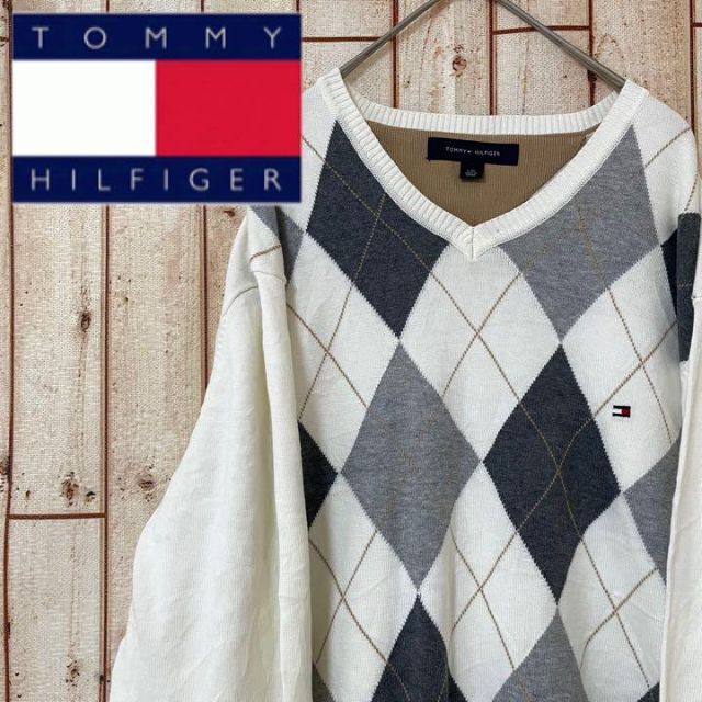 TOMMY HILFIGER(トミーヒルフィガー)の【人気柄】トミーヒルフィガー　アーガイル柄　ホワイト　セーター　L メンズのトップス(ニット/セーター)の商品写真