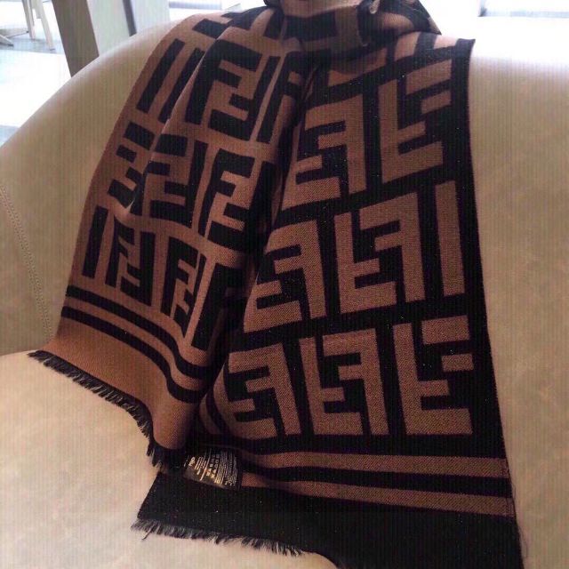 FENDI ズッカ柄 マフラー ウール ブラウン 総ロゴ ストライプ total-pl ...