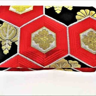 袋帯 黒×赤系他マルチカラー柄物 金刺繍 幅約30cm 中古 良品 HP-8 (帯)