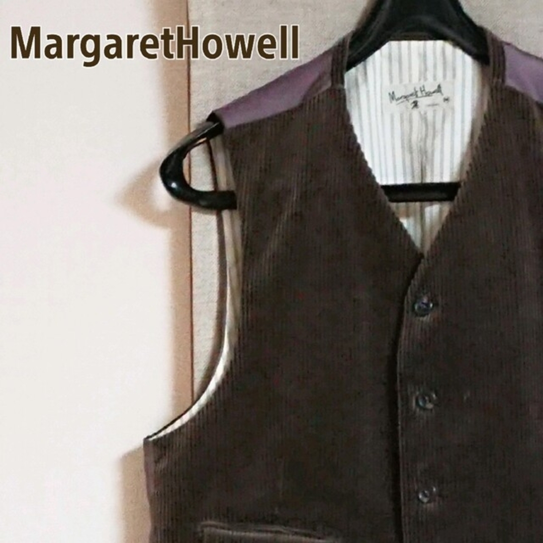 【美品】  MARGARET HOWELL / マーガレットハウエル | × HARRIS TWEED / ハリスツイード 別注 チンストラップ付き ウール ヘリンボーン ダウンベスト 襟内コーデュロイ | M | グレー | メンズ