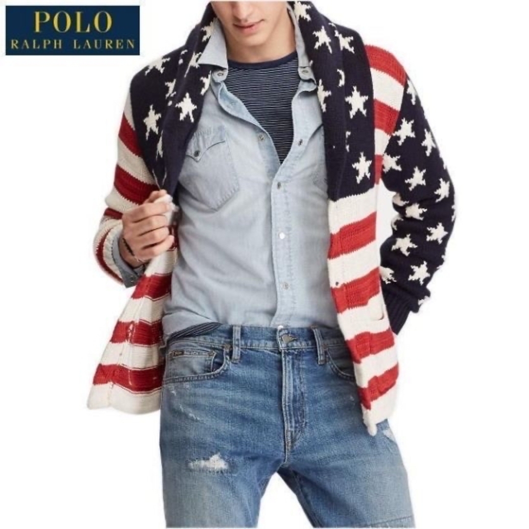 POLO RALPH LAUREN(ポロラルフローレン)の美品 正規 Ｍ ラルフローレン フラッグ コットンブレンド カーディガン 星条旗 メンズのトップス(カーディガン)の商品写真