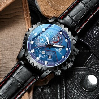 新品 デュアル クロノグラフ レザーベルト WEIGUAN 腕時計メンズ 黒青(腕時計(アナログ))