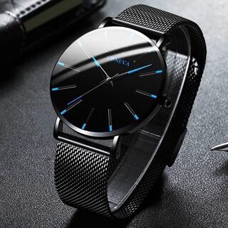 超薄型ステンレススチールクォーツ時計（背盤：黒色、長・短針：青色）(腕時計(アナログ))