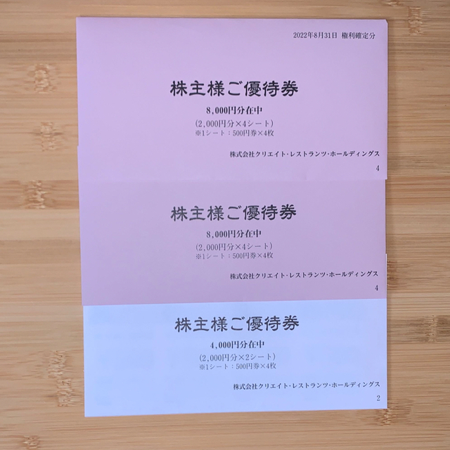 クリエイトレストランツ 株主優待 8,000円分 かごの屋 しゃぶ菜 磯丸水産②レストラン/食事券