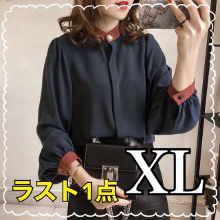 バイカラーシフォンブラウス　とろみシャツ　カットソー　ブラウス　ネイビー　XL(シャツ/ブラウス(長袖/七分))