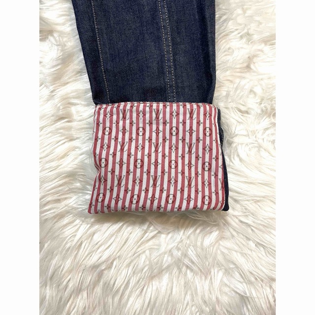 本物 美品 ルイヴィトン 裏地モノグラム ストライプ クロッブド デニム
