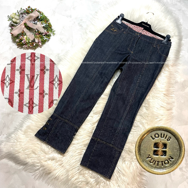 本物 美品 ルイヴィトン 裏地モノグラム ストライプ クロッブド デニム