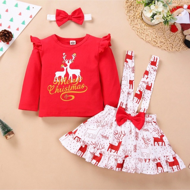 長袖 ワンピース スカート クリスマス  サンタコス コスプレ トナカイ柄 キッズ/ベビー/マタニティのキッズ服女の子用(90cm~)(ワンピース)の商品写真