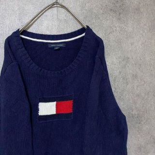 トミーヒルフィガー(TOMMY HILFIGER)の90s トミーヒルフィガー　デカロゴ　コットンニット　メンズ　L 古着　F4(ニット/セーター)