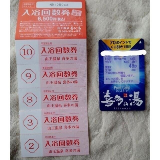山王温泉 喜多の湯 入浴券5枚 + ポイントカード49ポイント - 施設利用券