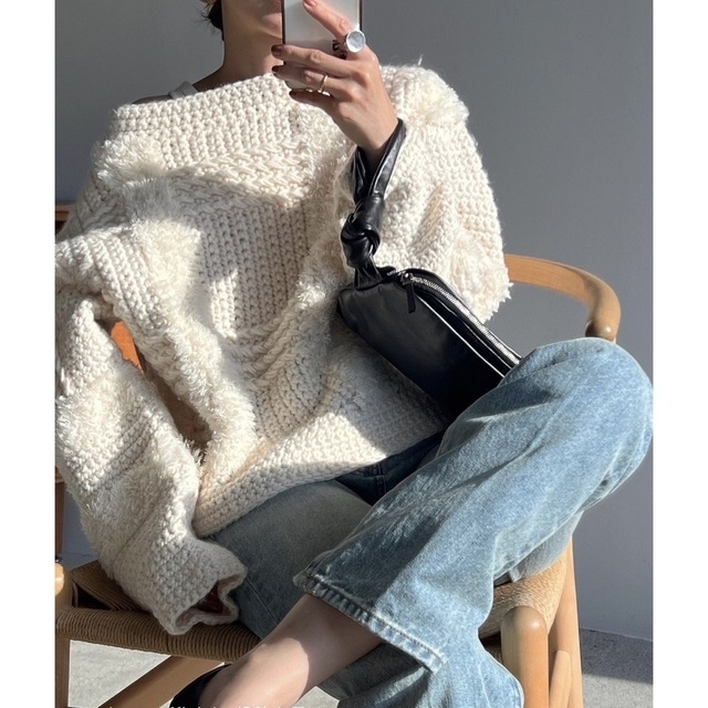 クラネ clane  WIDE CHECK HAND KNIT ホワイト 2