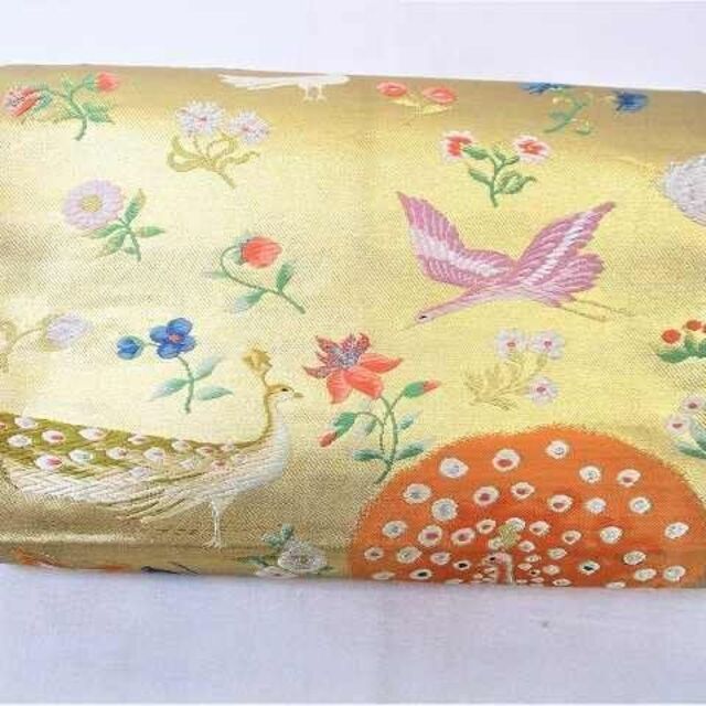 袋帯 金色系マルチカラー 花鳥柄刺繍 幅約30cm 中古 HP-11 レディースの水着/浴衣(帯)の商品写真