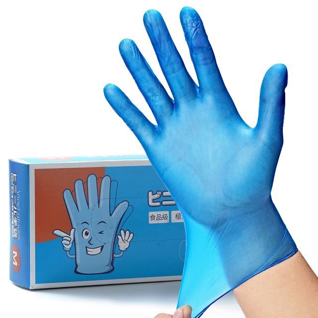 サイズ:M】使い捨て PVC 手袋 100枚入り 薄い 青 ビニール手袋 ゴムの