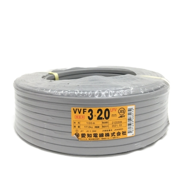 伸興電線 ビニルキャブタイヤ丸形コード 3.5mm2 2心 100m巻 灰色 VCTF3.5SQ×2C×100mハイ - 3