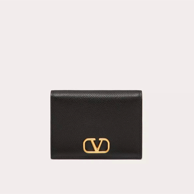 折り財布新品　Vロゴ シグネチャー グレイン　レザー　黒　財布　コンパクトウォレット