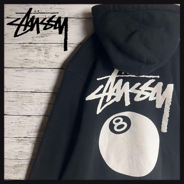 【大人気】stussy パーカー 8ボール バックプリント 即完売モデル L 黒59肩幅