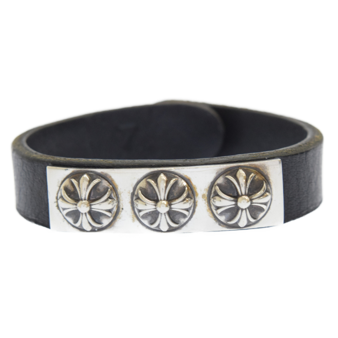 とっておきし福袋 Chrome Hearts CHROME HEARTS クロムハーツ BRCLT CUFF PLATE 3クロスボールプレート  レザーブレスレット ブラック/シルバー ブレスレット+バングル