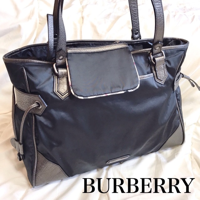 BURBERRY トートバッグ ポーチ ノバチェック メタリック ダークブルー-