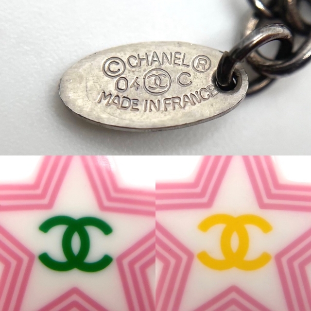 CHANEL(シャネル)のCHANEL シャネル ネックレス ココマーク スター 星 アクセサリー チェーン シルバー ホワイト ピンク マルチカラー メタル  プラスチック   04C レディース 約7.2g 人気 美品【中古品】 レディースのアクセサリー(ネックレス)の商品写真