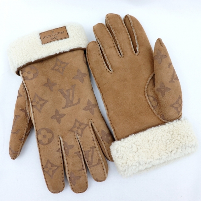 新品同様 ルイ・ヴィトン 20AW ゴン モノグラム シアリング ムートン 手袋 メンズ レザー 茶 9 グローブ ランウェイ着用 M76578 LOUIS VUITTON