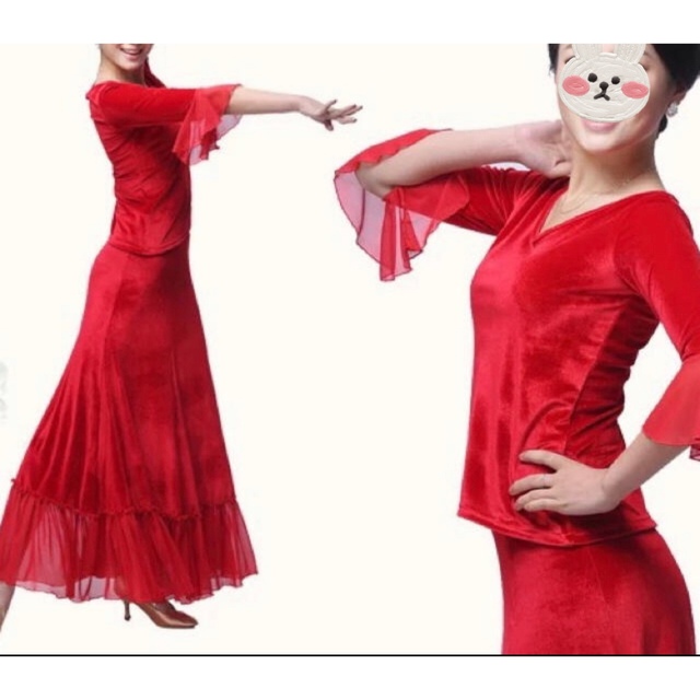 社交ダンス赤色　スカート上下セットアップ　Ｌサイズ 1