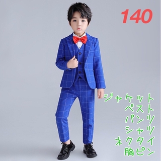 140cm キッズ 結婚式 発表会 ウィンドウペン柄 6点 ブルー【102】(ドレス/フォーマル)