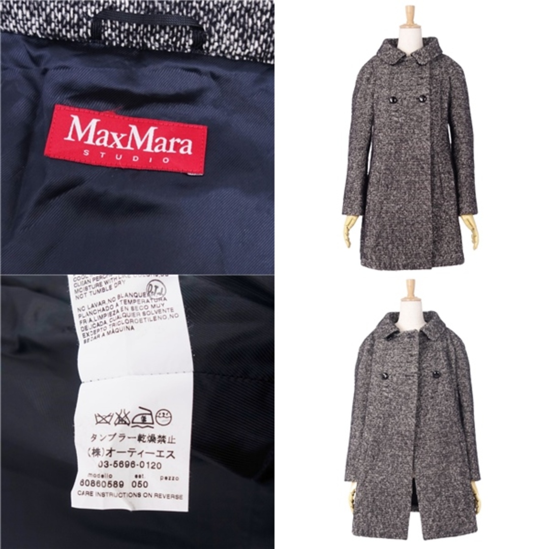 美品 マックスマーラ Max Mara STUDIO コート ロングコート ダブルブレスト ウール モヘア アルパカ ツイード アウター レディース  JI40 USA6 GB8(M相当) ブラック/ホワイト