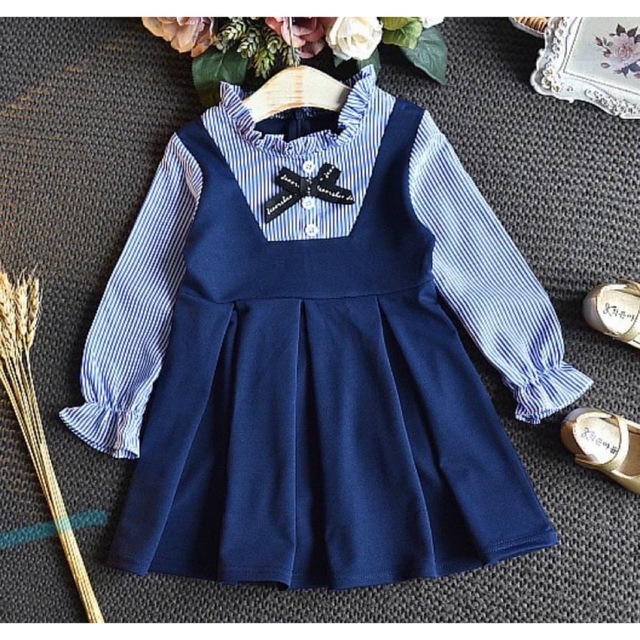 新品✨ワンピース　ネイビー　ストライプ　キッズ　長袖　100 女の子　フォーマル キッズ/ベビー/マタニティのキッズ服女の子用(90cm~)(ドレス/フォーマル)の商品写真