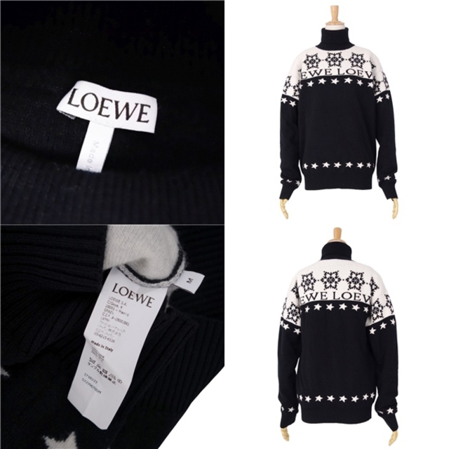極美品 ロエベ LOEWE ニット セーター タートルネック ロングスリーブ ウール トップス レディース M ブラック/ホワイト