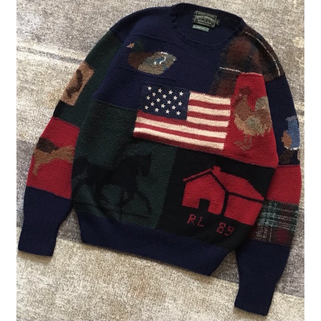 POLO RALPH LAUREN(ポロラルフローレン)の圧巻のデザイン 89年製 POLO COUNTRY 星条旗 ニット セーター M メンズのトップス(ニット/セーター)の商品写真