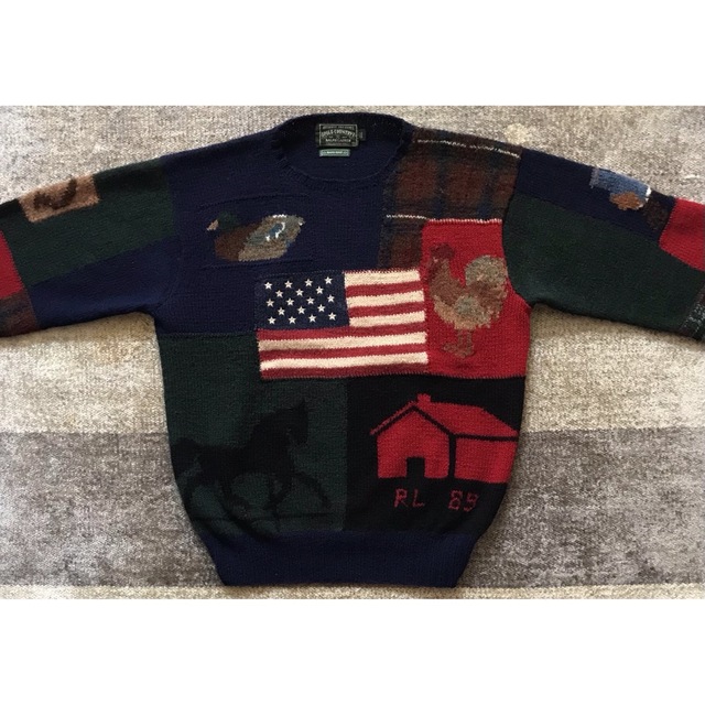 POLO RALPH LAUREN(ポロラルフローレン)の圧巻のデザイン 89年製 POLO COUNTRY 星条旗 ニット セーター M メンズのトップス(ニット/セーター)の商品写真