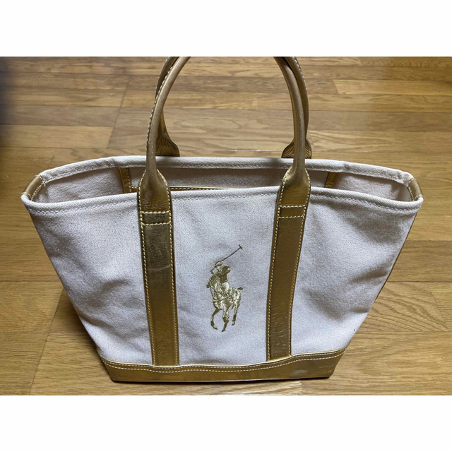 POLO RALPH LAUREN(ポロラルフローレン)のポロ　ラルフローレンRL 厚手　帆布x本革・ラメ生成xゴールド　トートバック レディースのバッグ(トートバッグ)の商品写真