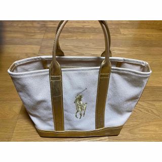 ポロラルフローレン(POLO RALPH LAUREN)のポロ　ラルフローレンRL 厚手　帆布x本革・ラメ生成xゴールド　トートバック(トートバッグ)