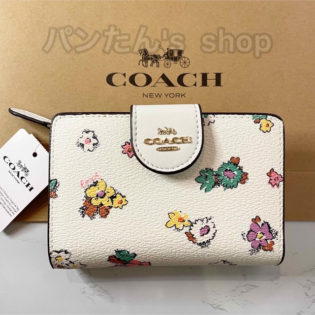 2022モデル 新品 COACH コーチ 花柄 二つ折り財布 フローラル チョーク