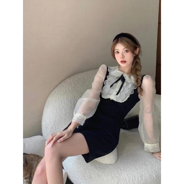 Swankiss(スワンキス)の韓国ファッション ブーケドゥマリエ フレンチガーリーチュールスリーブリボンドレス レディースのワンピース(ミニワンピース)の商品写真