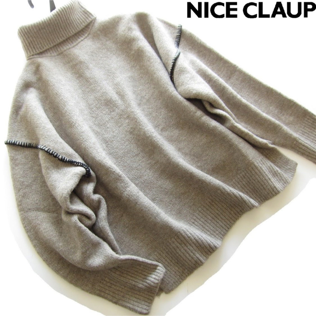 NICE CLAUP(ナイスクラップ)の新品ナイスクラップ ステッチアウトリンキングタートルネックニット/BE レディースのトップス(ニット/セーター)の商品写真