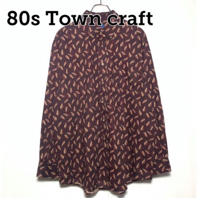 80s Town Craft ボタンダウン シャツ 茶 幾何学 総柄  L