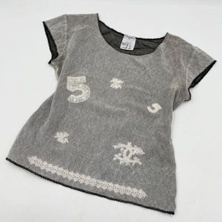 CHANEL ◇カメリア 半袖Tシャツ 黒 サイズ38 エンボス ストレッチ ...