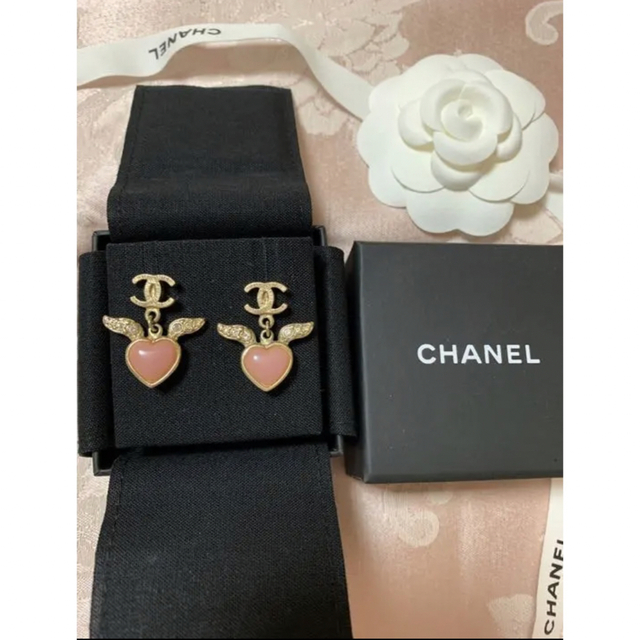 CHANEL ハート　羽　ピアス　ピンク　エンジェル　ビンテージ