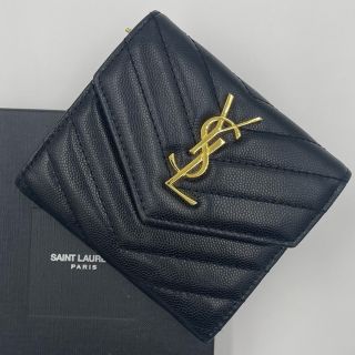 サンローラン(Saint Laurent)の美品　サンローランパリ　三つ折り財布　キルティング　YSL レザー　ブラック(財布)